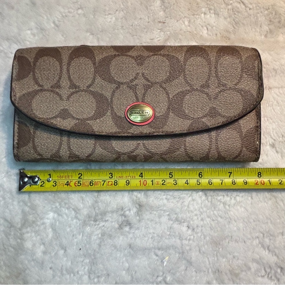 COACH Peyton Signature Slim Envelope Wallet Khaki Tan Coral Pink Canvas Leather - Picture 15 of 16
